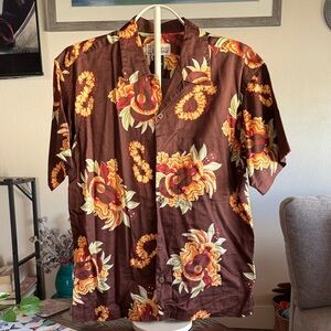 Pataloha Brown Hawaiian Button-Up Shirt with Orange Floral & Ukulele Print